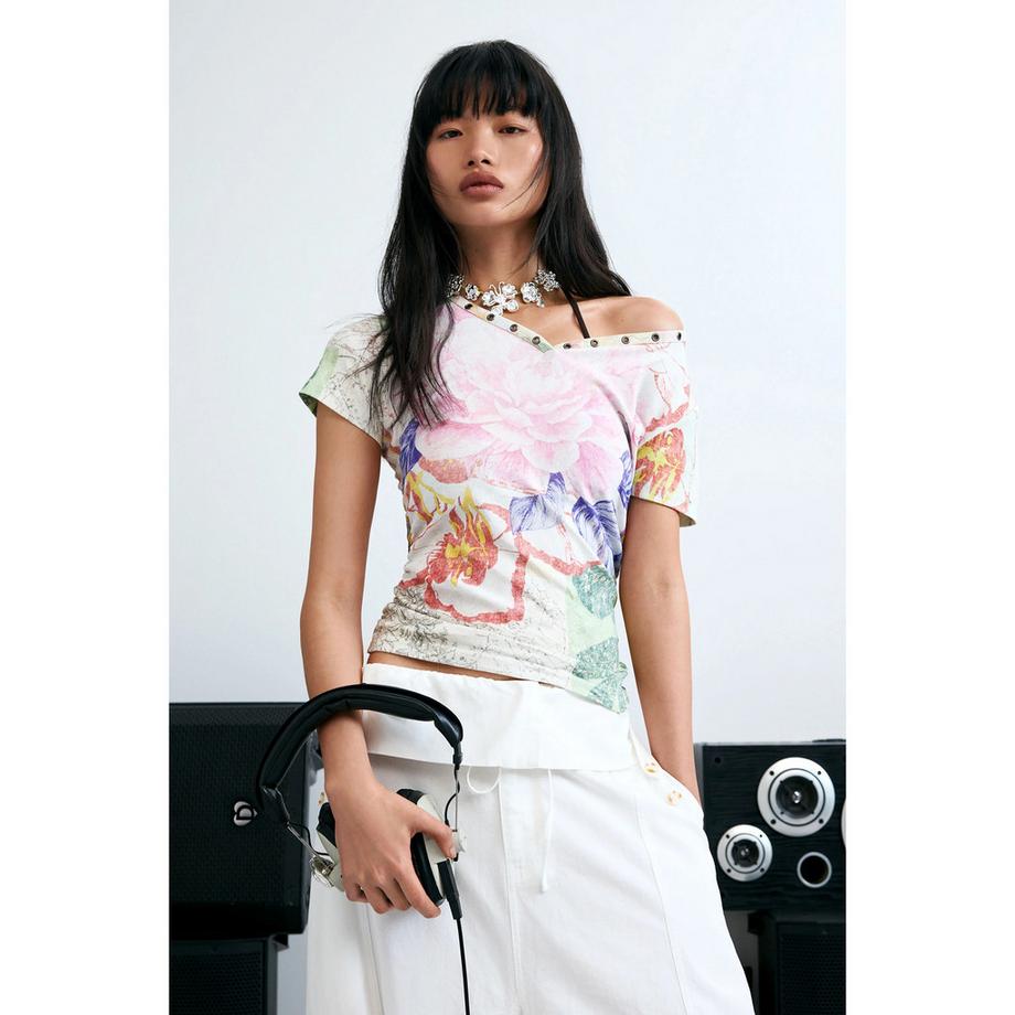 Desigual T-Shirt Stampa Floreale Maniche Corte Scollo a V  