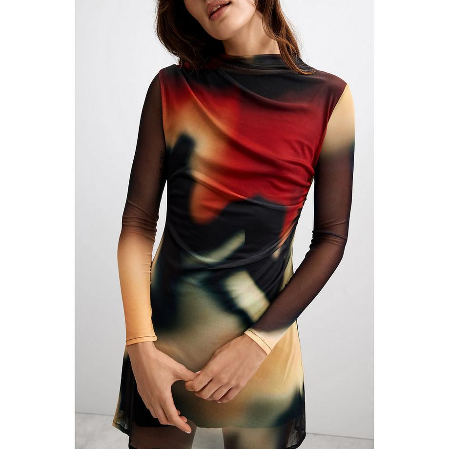 Desigual Bedrucktes Mini Kleid mit transparenten Ärmeln  