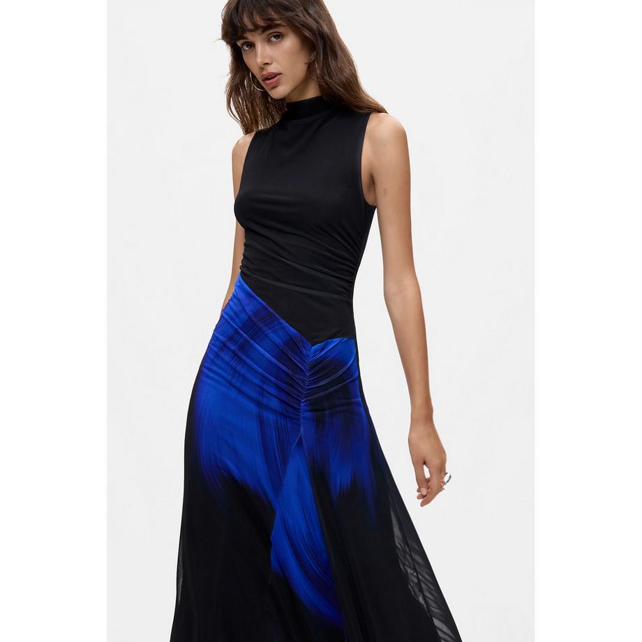 Desigual Ärmelloses Kleid mit hohem Ausschnitt und blauem Print  