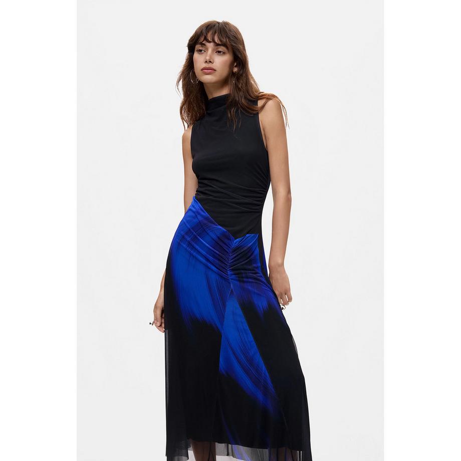 Desigual Ärmelloses Kleid mit hohem Ausschnitt und blauem Print  