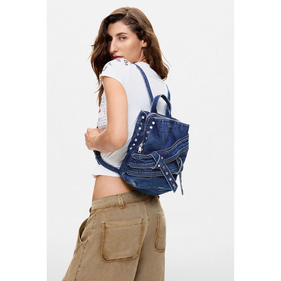 Desigual Sac à dos en denim avec rivets et fermetures éclair  