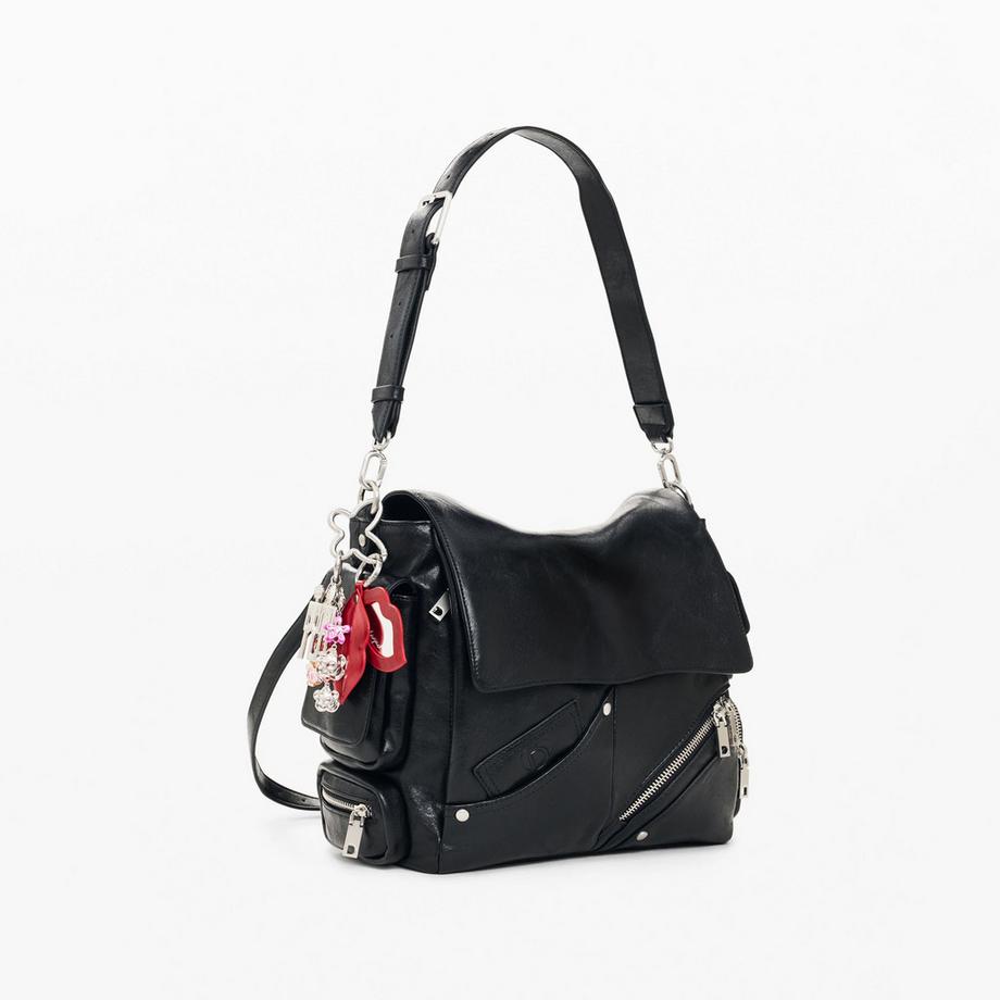 Desigual schwarzer Leder-Rucksack mit verstellbarem Riemen und mehreren Reissverschlüssen  