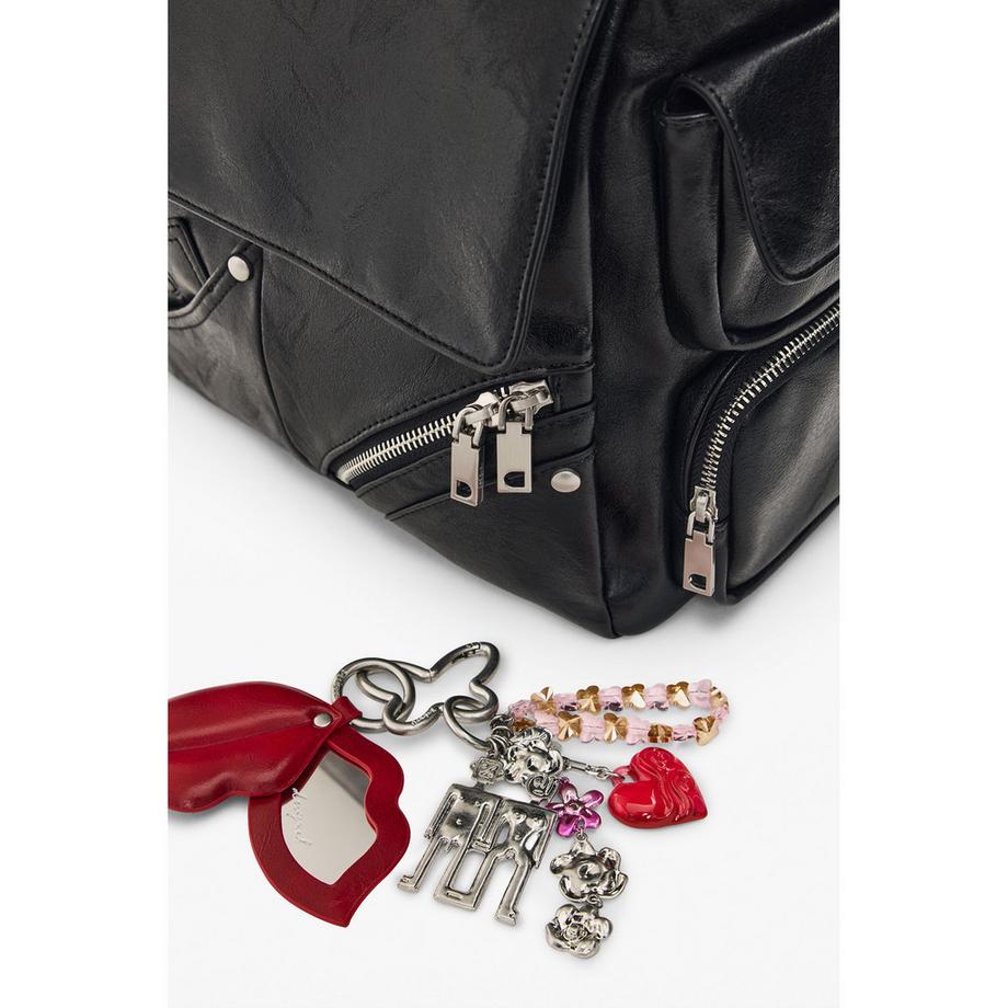 Desigual schwarzer Leder-Rucksack mit verstellbarem Riemen und mehreren Reissverschlüssen  