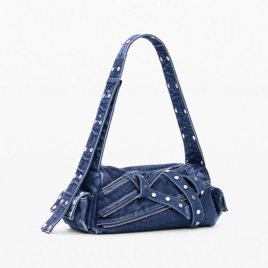 Desigual Denim Schultertasche mit Nieten und Reißverschlüssen  