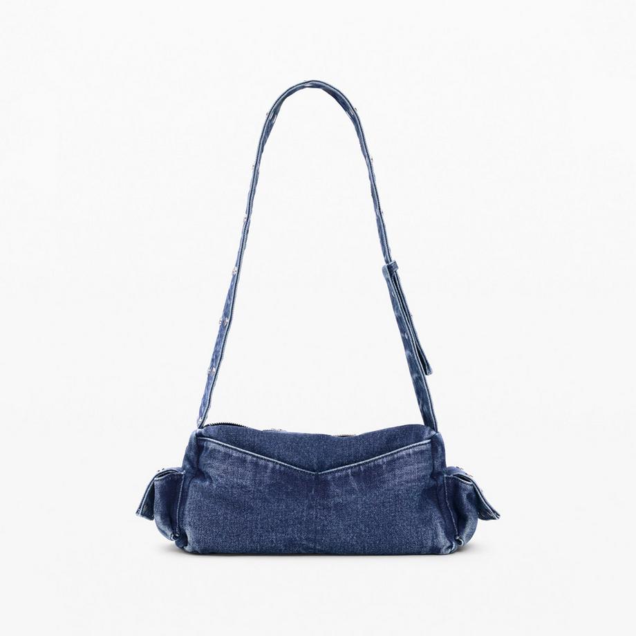 Desigual Denim Schultertasche mit Nieten und Reißverschlüssen  