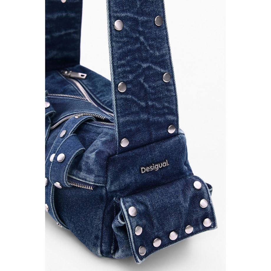 Desigual Denim Schultertasche mit Nieten und Reißverschlüssen  