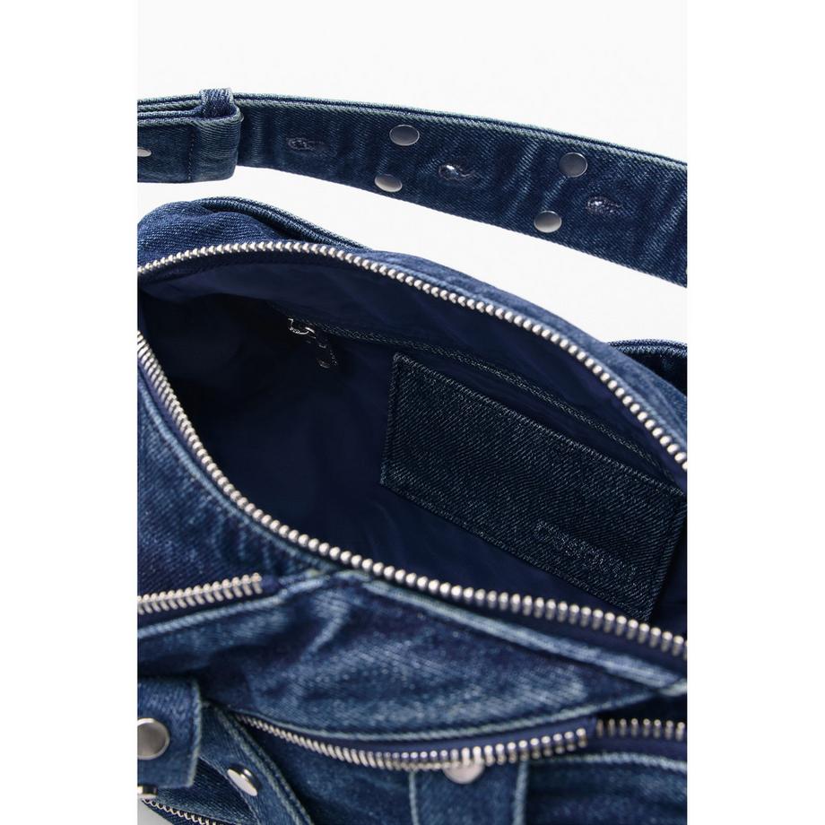 Desigual Denim Schultertasche mit Nieten und Reißverschlüssen  