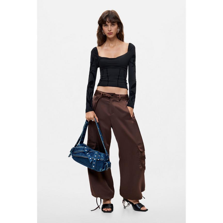 Desigual Denim Schultertasche mit Nieten und Reißverschlüssen  