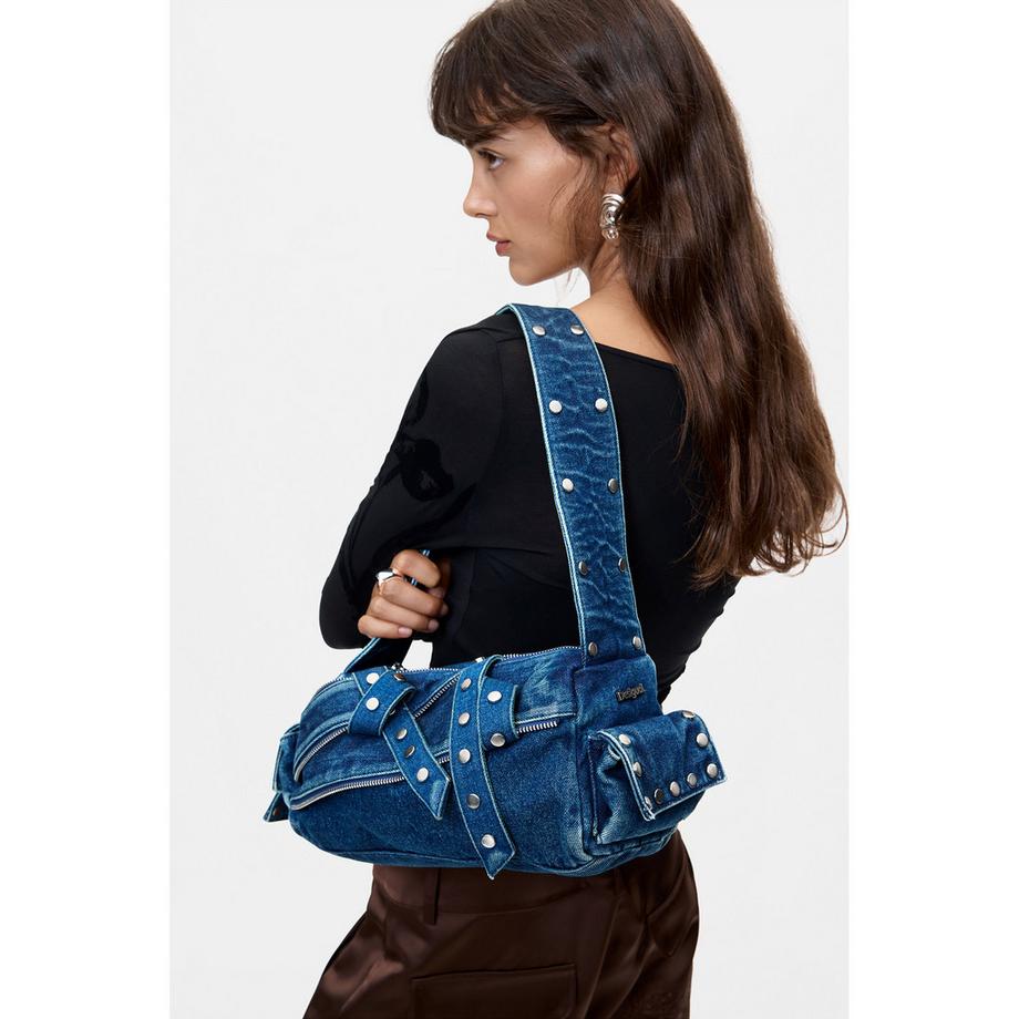 Desigual Denim Schultertasche mit Nieten und Reißverschlüssen  