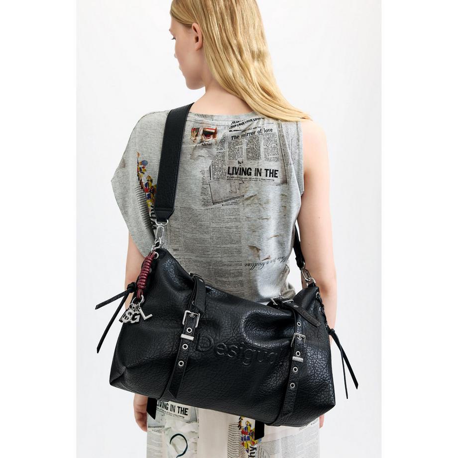 Desigual Schwarze Schultertasche mit geprägtem Logo  