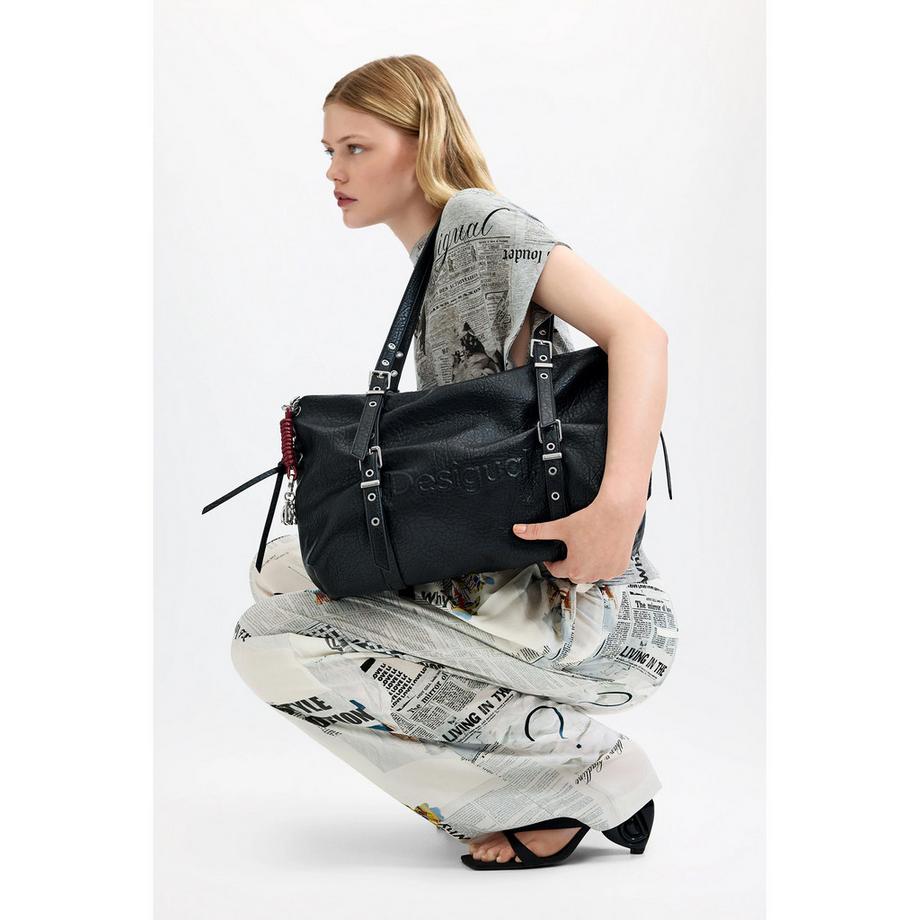 Desigual Schwarze Schultertasche mit geprägtem Logo  