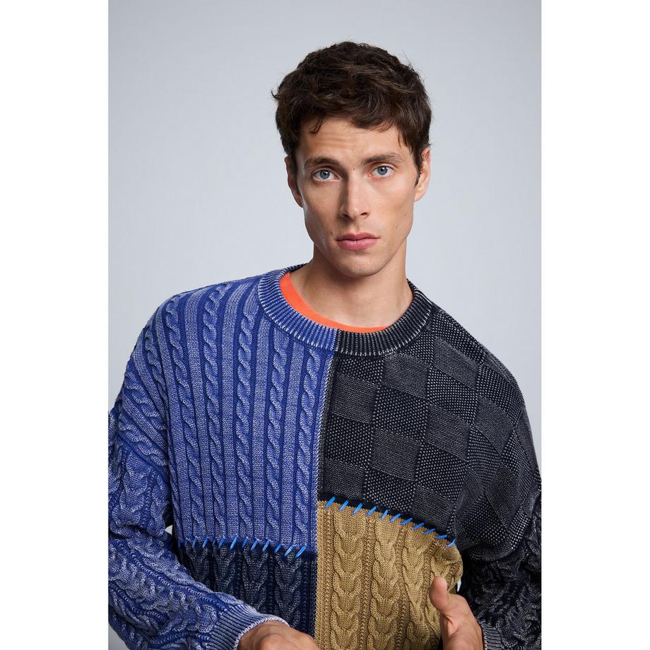 Desigual Pull à Blocs de Couleurs et Tricot torsadé  