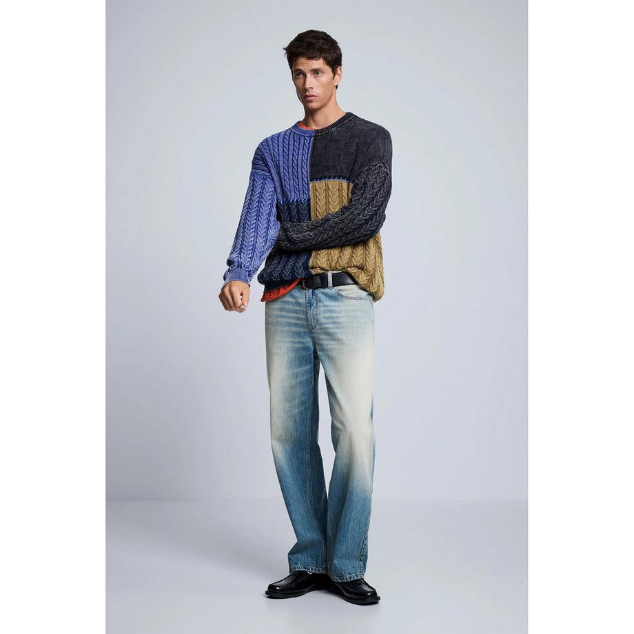Desigual Pull à Blocs de Couleurs et Tricot torsadé  