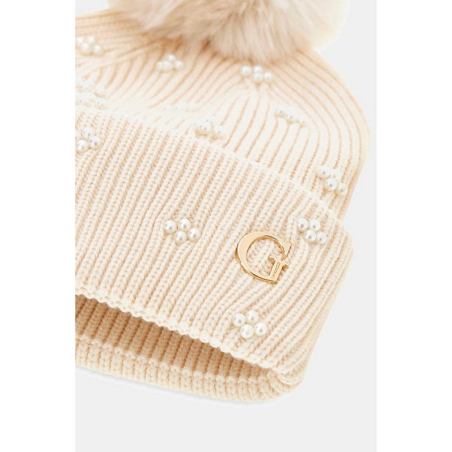 GUESS Beanie mit Perlenverzierung und Pompon  