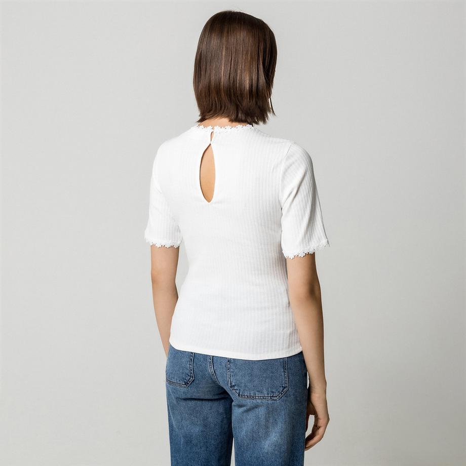 VILA VIBABIA T-shirt côtelé avec bordure en dentelle  
