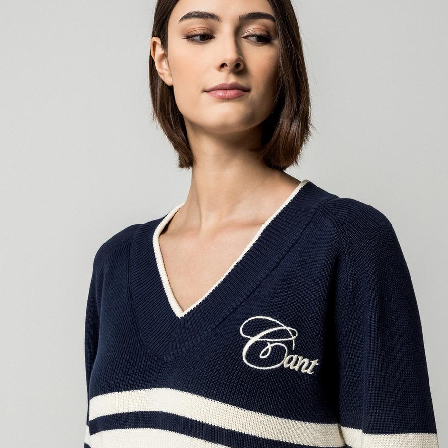GANT Pull col en V rayé avec logo brodé  