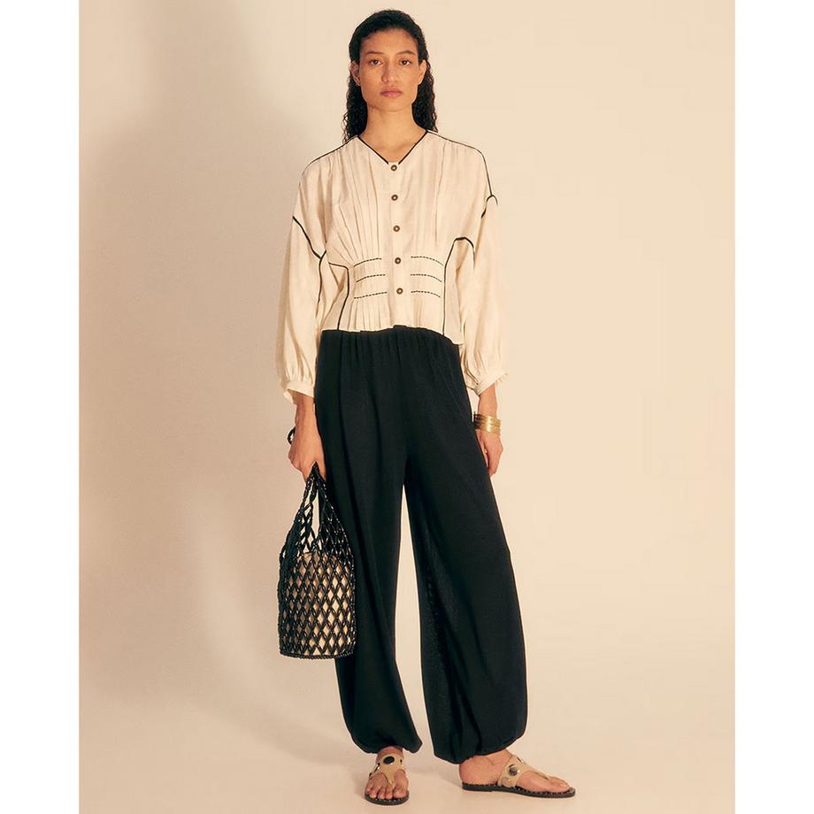 Sfera Blouse plissée avec surpiqûres contrastantes  