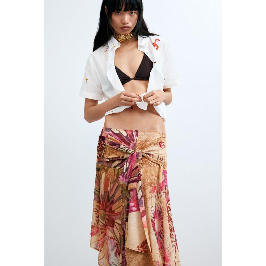 Desigual Jupe Midi Imprimé Floral avec Nœud Devant  