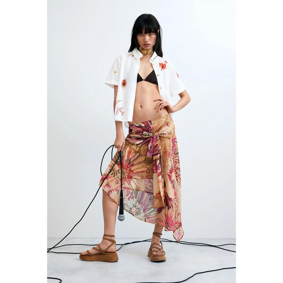 Desigual Jupe Midi Imprimé Floral avec Nœud Devant  
