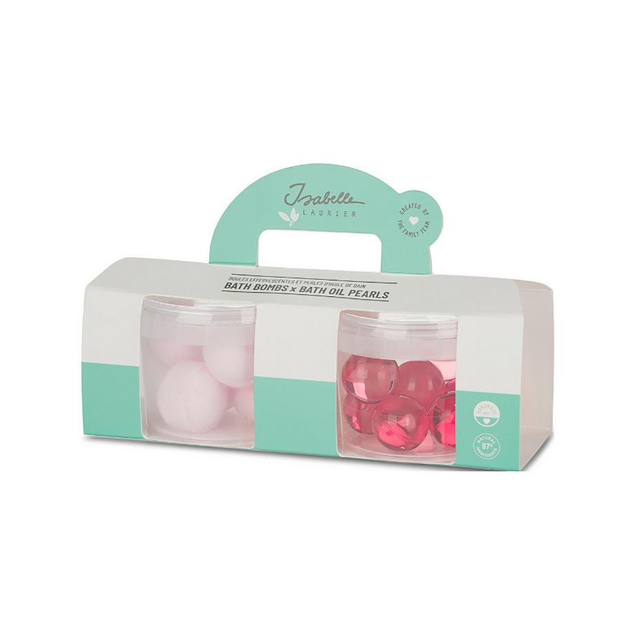 Coffret cadeau 2 mini pots billes effervescentes et perles d'huile de bain - parfums: roses et fruit de la passion - 5 x 8g - 8 x 4g