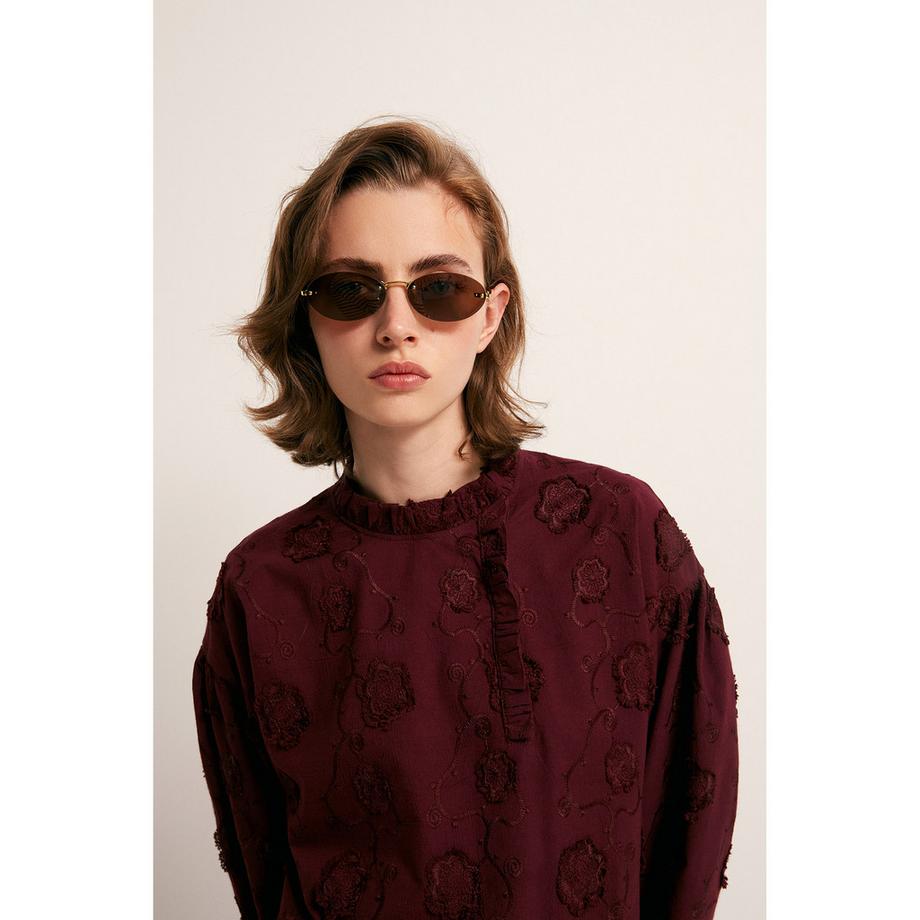 Sfera T-shirt ricamato floreale con collo arricciato  