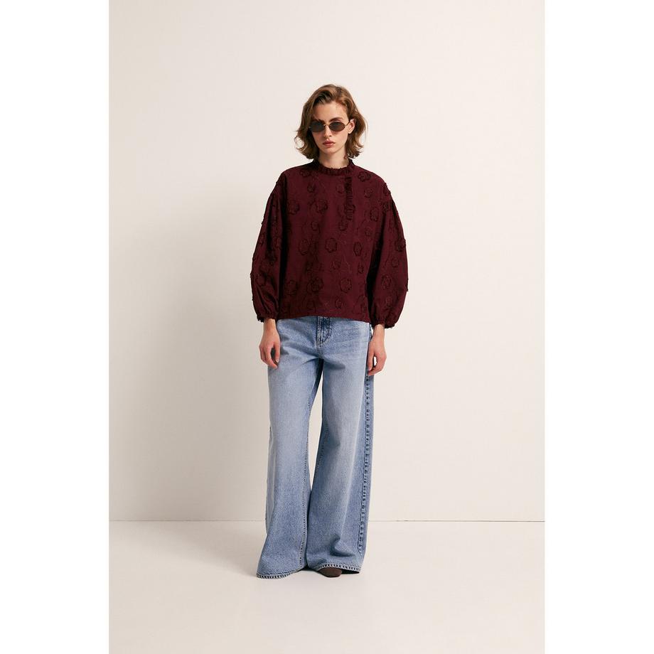 Sfera T-shirt ricamato floreale con collo arricciato  
