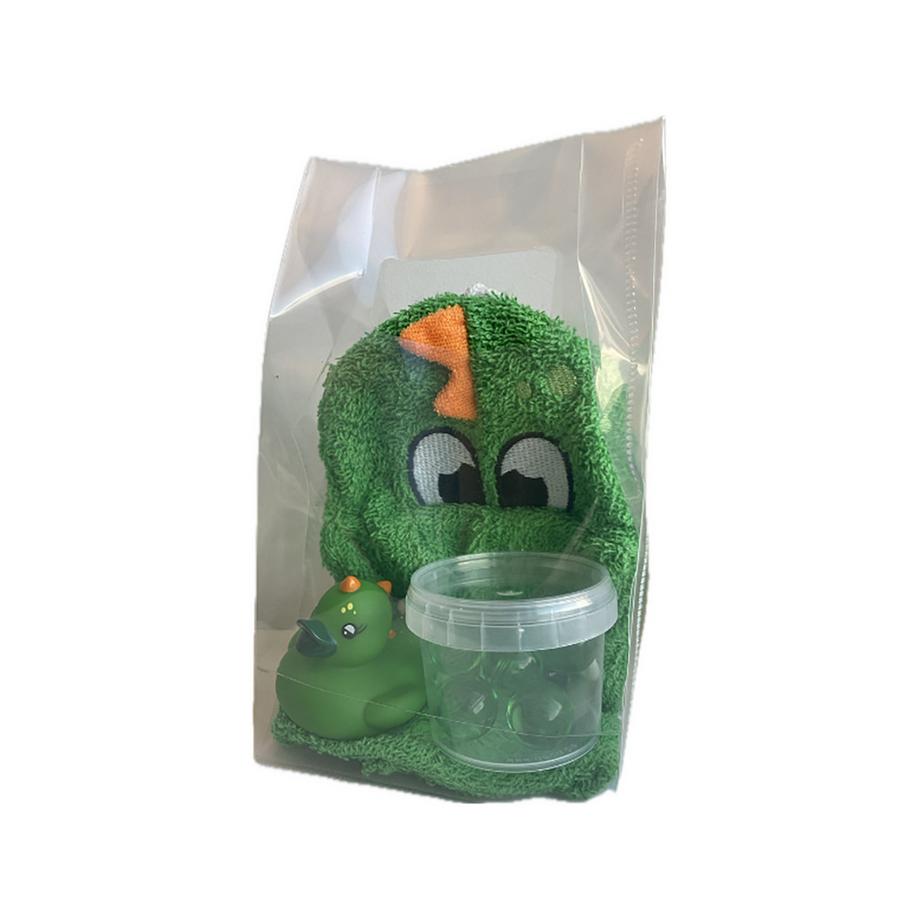 Geschenkset Dino - Waschhandschuh, Badeente Und Badeperlen