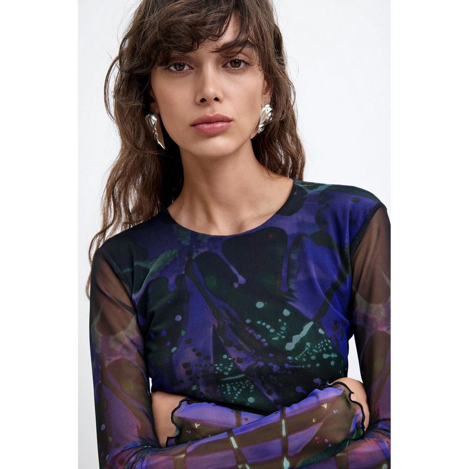 Desigual T-shirt a maniche lunghe in maglia con stampa astratta  