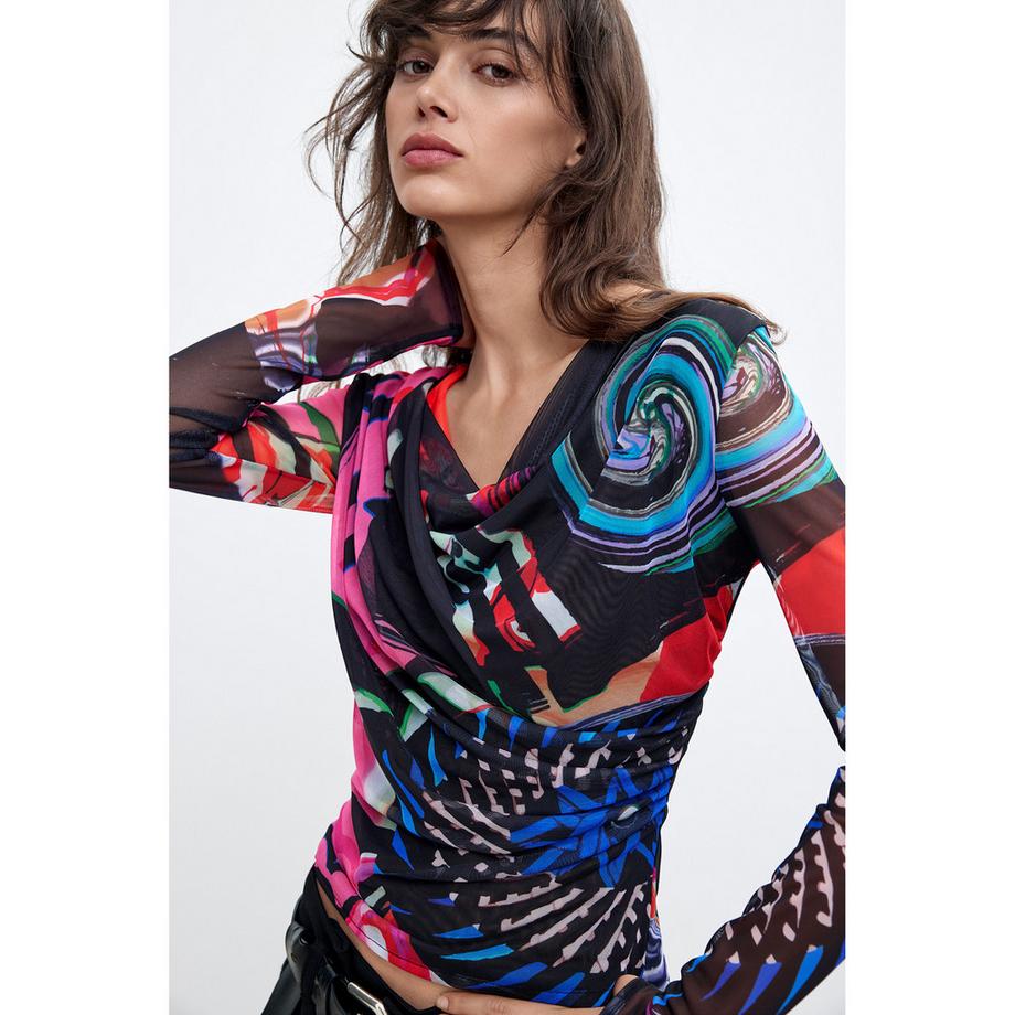 Desigual T-shirt manches longues avec imprimé abstrait et col en cowl  