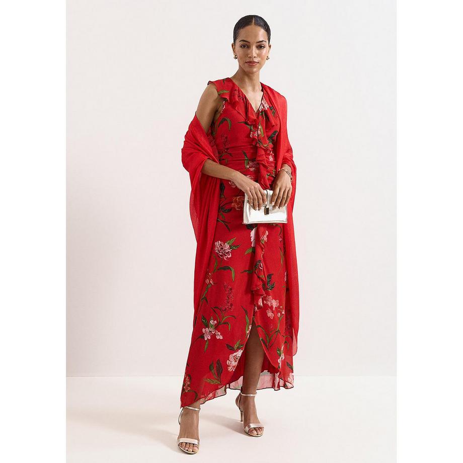 Phase Eight Mae Robe longue à imprimé floral et détails froncés avec volants  