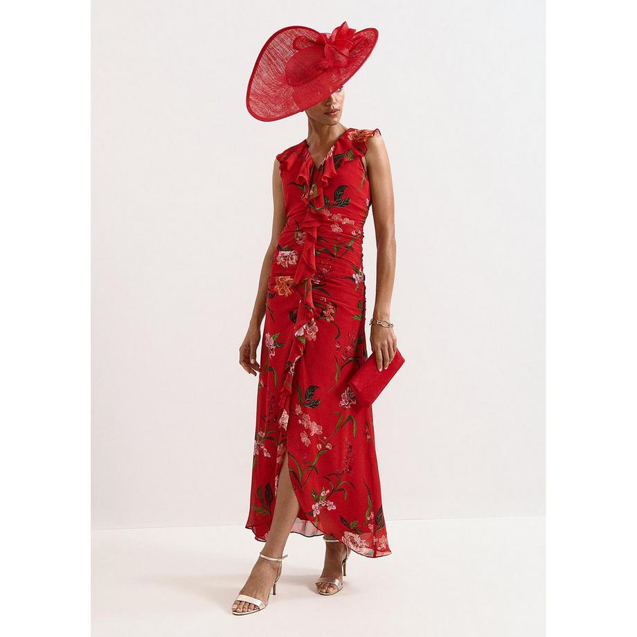Phase Eight Mae Robe longue à imprimé floral et détails froncés avec volants  