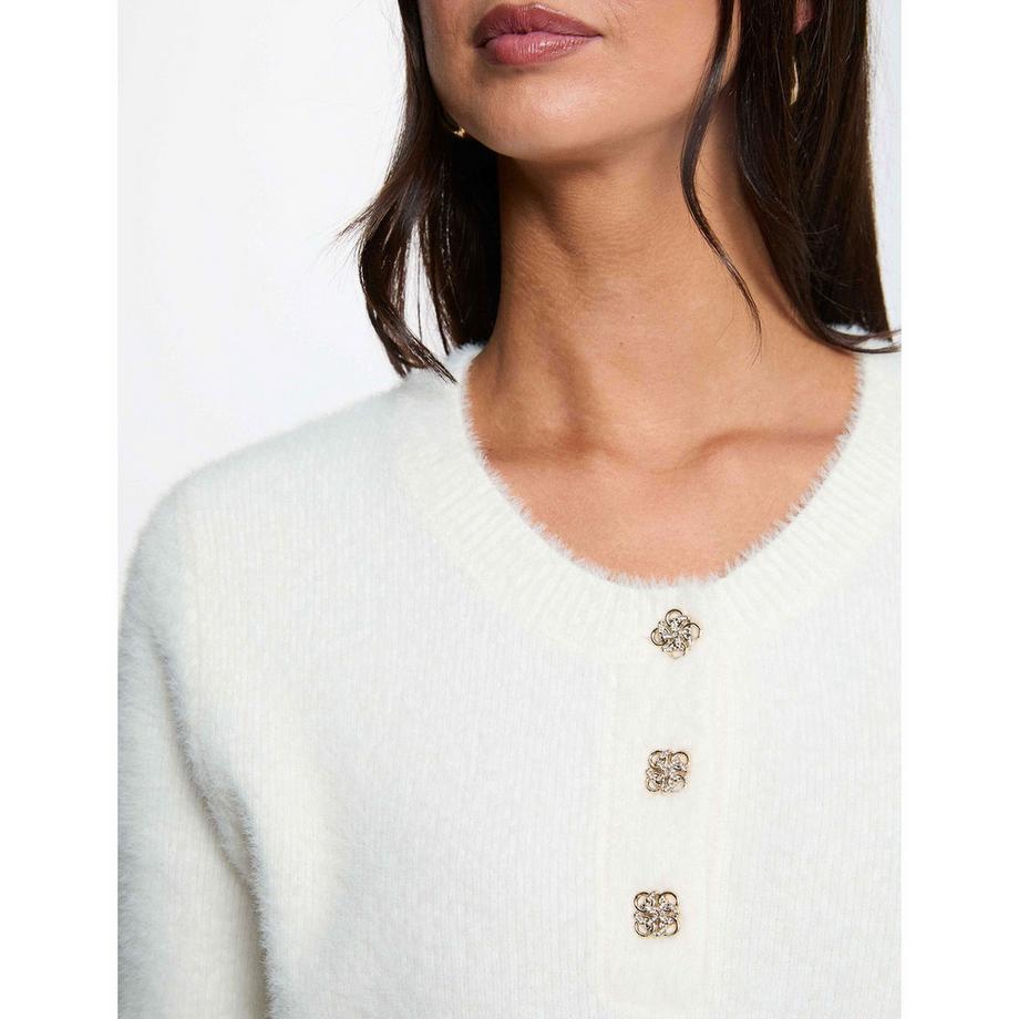 MORGAN Weisser V-Ausschnitt Pullover mit verzierten Knöpfen  