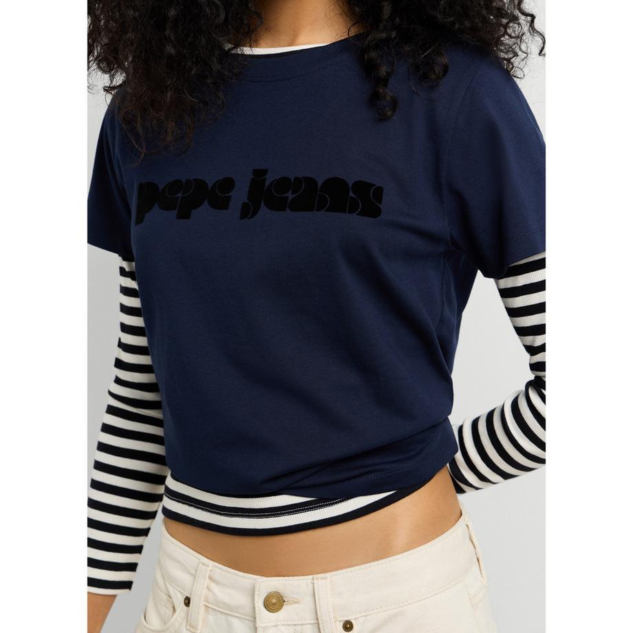Pepe Jeans London T-shirt logo con maniche sovrapposte a righe  