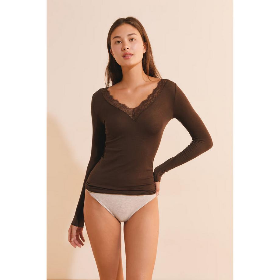 Etam Spitzenbesatz V-Ausschnitt Langarm Top  