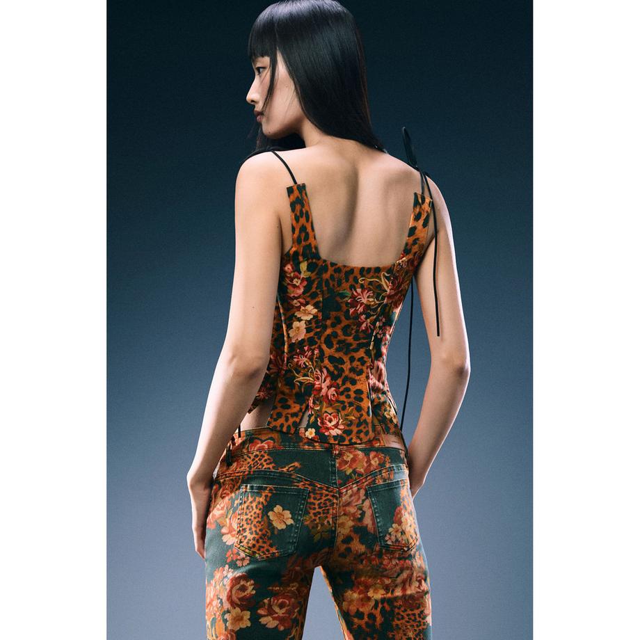 Desigual Camicetta con stampa floreale e leopardo e lacci davanti  