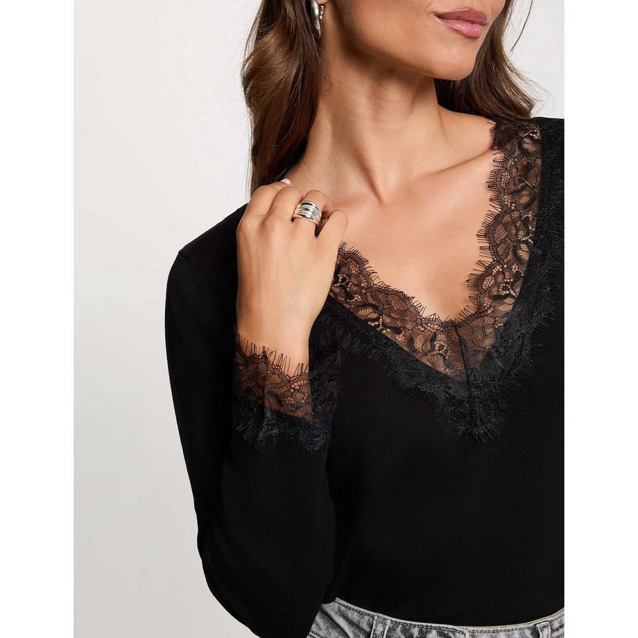 MORGAN Pull col en V avec bordure en dentelle  
