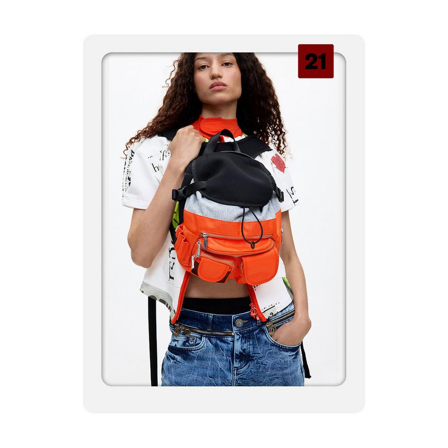 Desigual Sac à dos orange et noir avec plusieurs poches  