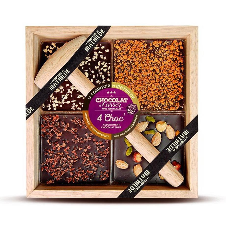  XMAS Vier verschiedene Schokoladensorten mit Holzhammer 