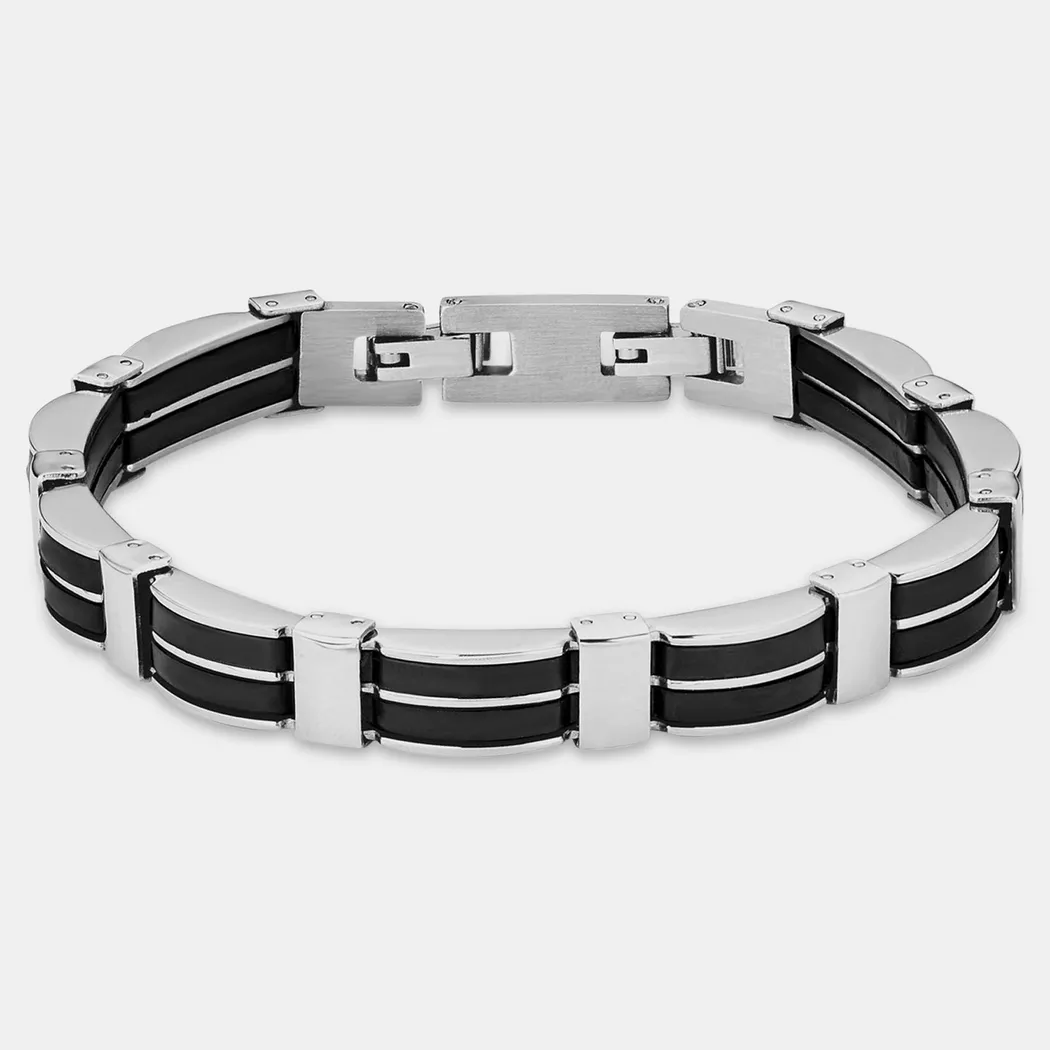 Armband AMOR "9342433", schwarz (edelstahlfarben, schwarz), Armbänder, Herren, 23cm, Edelstahl Kautschuk, Edelstahl, Kautschuk, Armband
