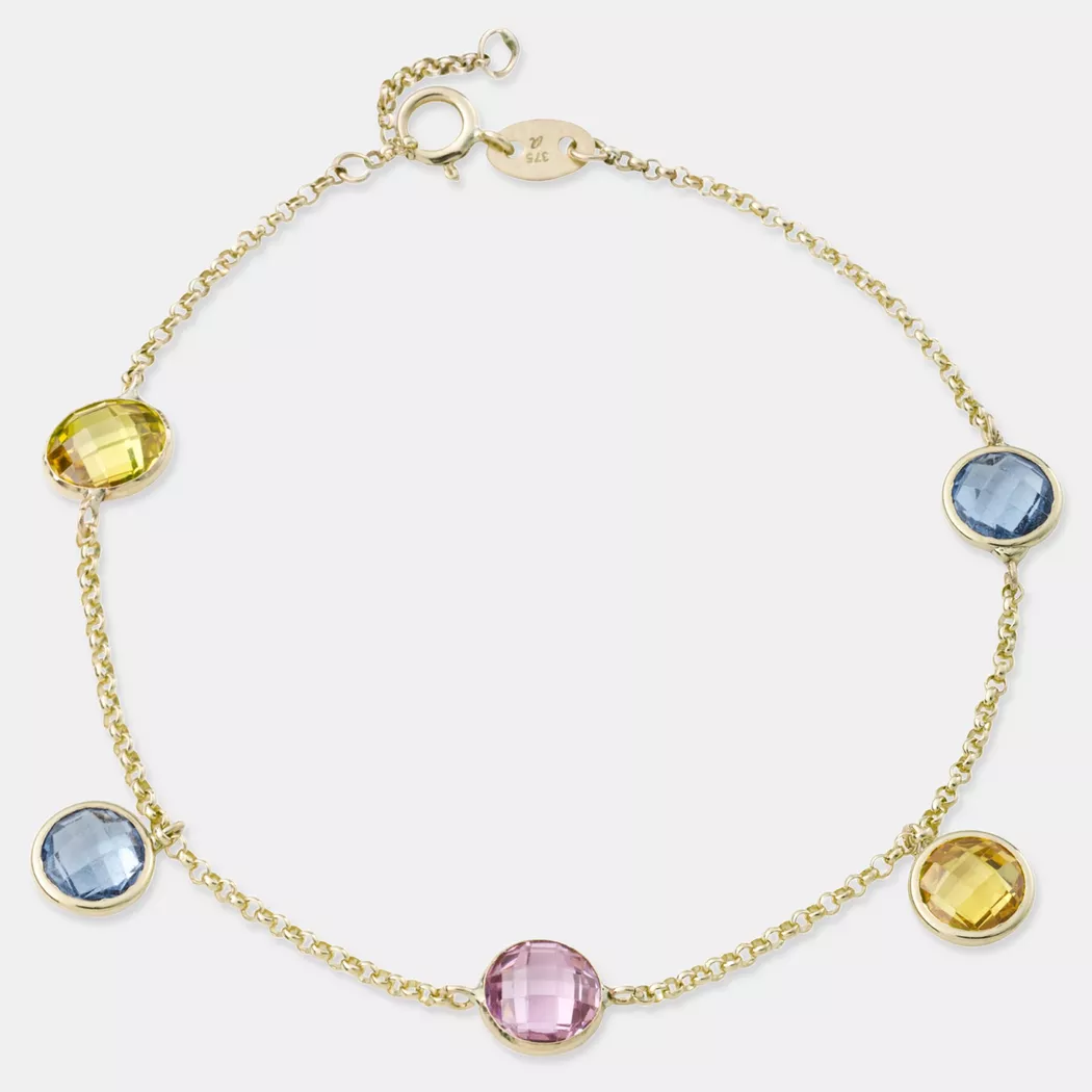 Goldarmband AMOR "2014456", bunt (gelbgoldfarben, pink, gelb, blau, pink, gelb, blau), Armbänder, Damen, 18,5cm, Gelbgold 375, Goldarmband, mit Zirkonia (synth.)