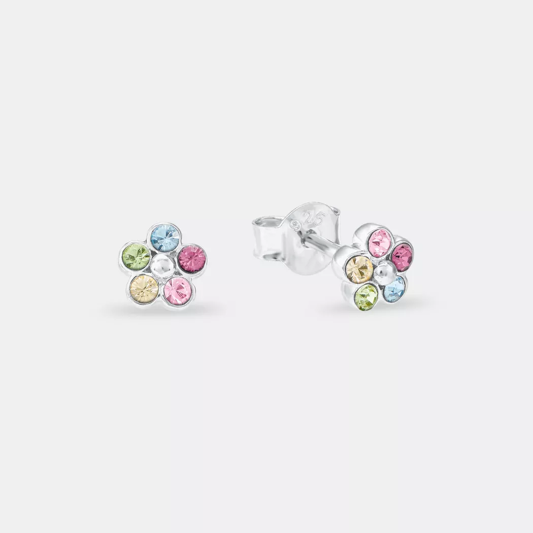 Paar Ohrstecker AMOR "Blüten", bunt (silberfarben, gelb, grün, pink, hellblau, rosa, gelb, grün, pink, hellblau, rosa), Ohrringe, Mädchen, 5mm, Silber 925 (Sterlingsilber), mit Kristallstein
