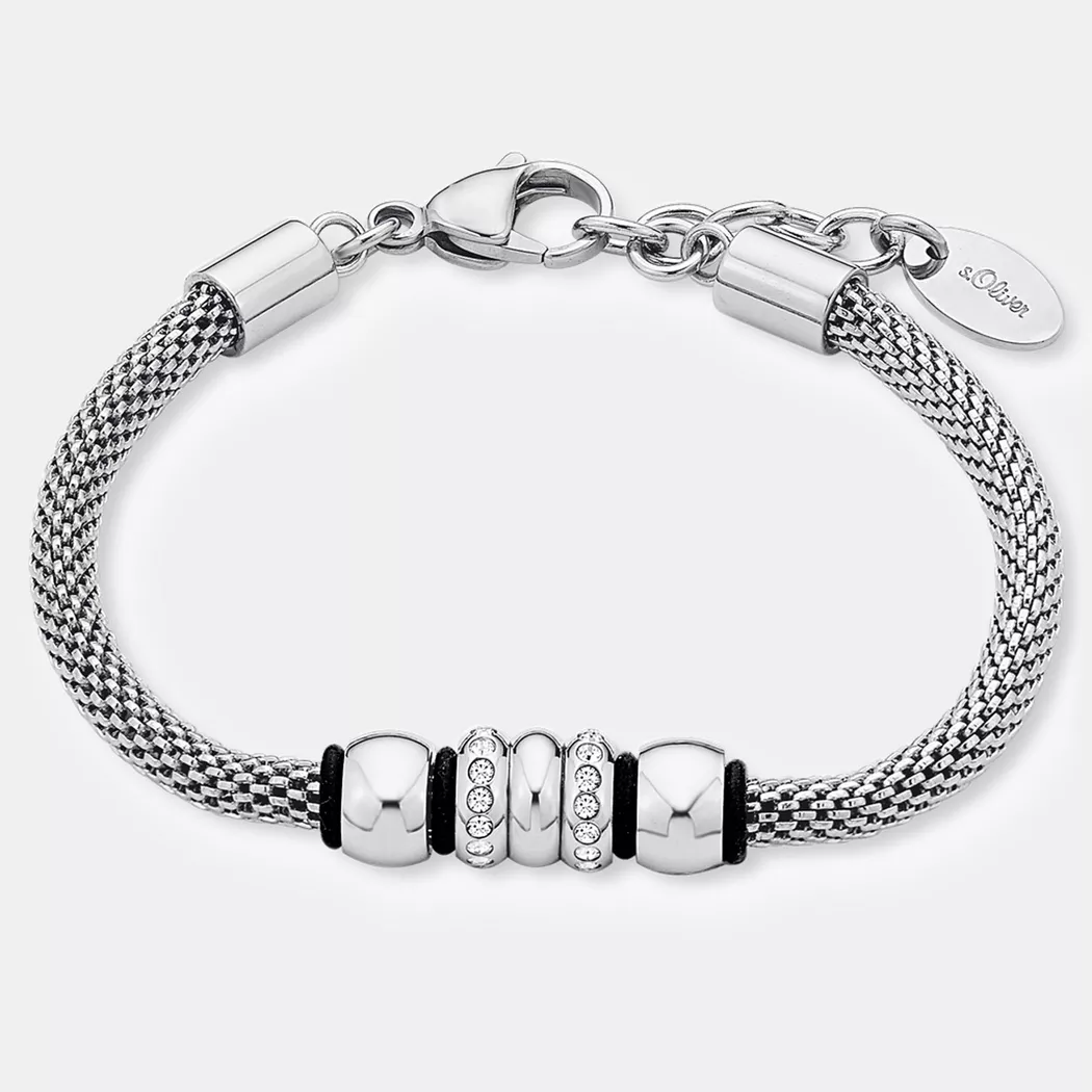 Armband S.OLIVER "9240135", schwarz (edelstahlfarben, schwarz, weiß), Armbänder, Damen, 21cm, Edelstahl Kautschuk, Edelstahl, Kautschuk, Armband, mit Kristall