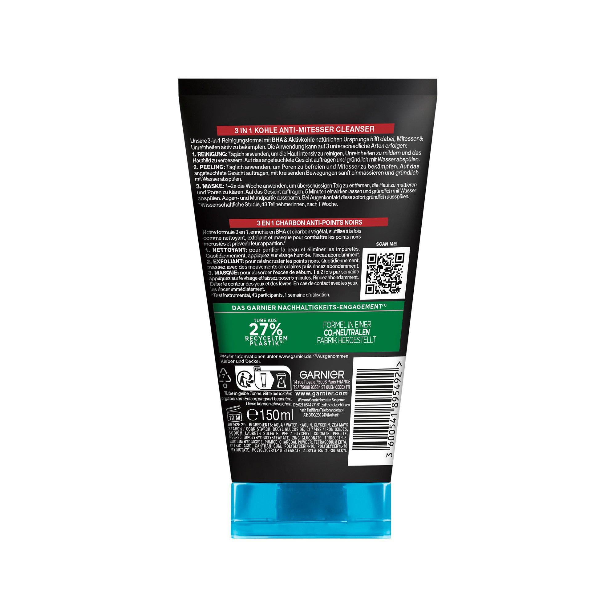 GARNIER Pure active Hautklar 3-in-1 Anti-Mitesser Reinigung, Peeling und Maske 