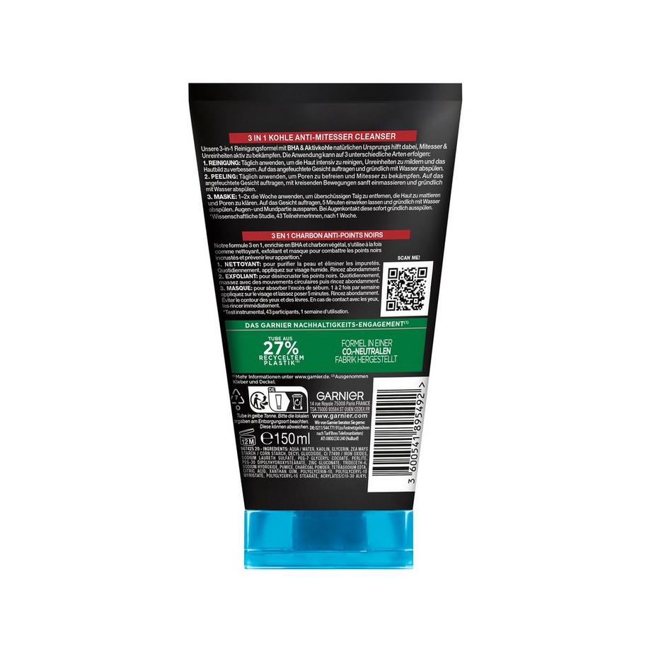 GARNIER Pure active Hautklar 3-in-1 Anti-Mitesser Reinigung, Peeling und Maske 