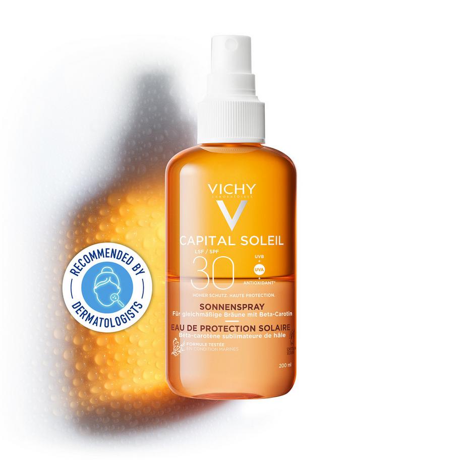 VICHY IS EAU PROTECT.Bronzante SPF30 Idéal Soleil Eau de protection solaire hâle sublimé SPF30 
