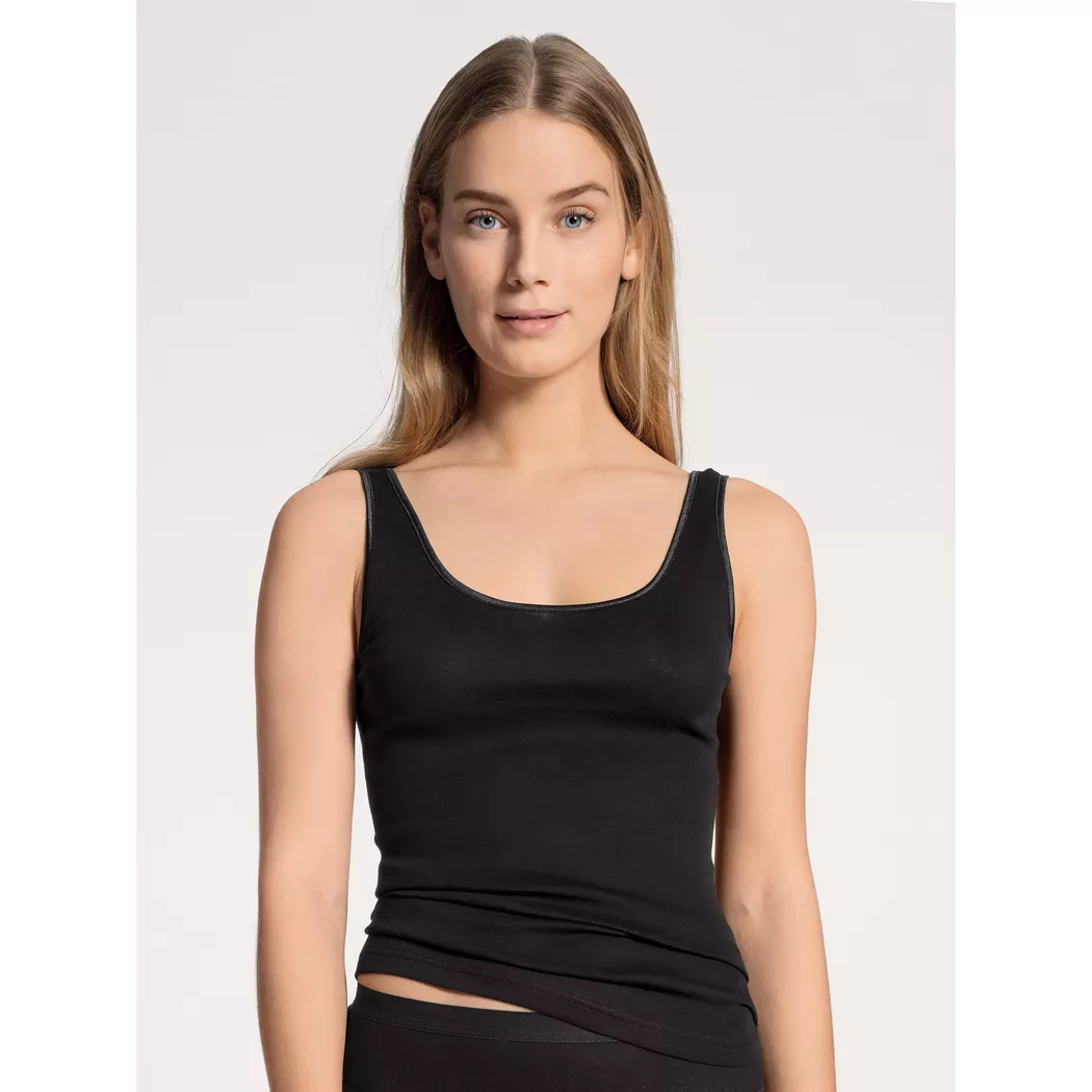 Tanktop CALIDA "Etude Toujours", Damen, Gr. XS (36/38), schwarz, Single Jersey, Obermaterial: 95% Baumwolle, 5% Elasthan, unifarben, figurbetont hüftbedeckend, tiefer V-Ausschnitt, Tops Tanktop, zarte Spitze, Nadelstreifen-Design, Cotton-Mix, elastisch 2
