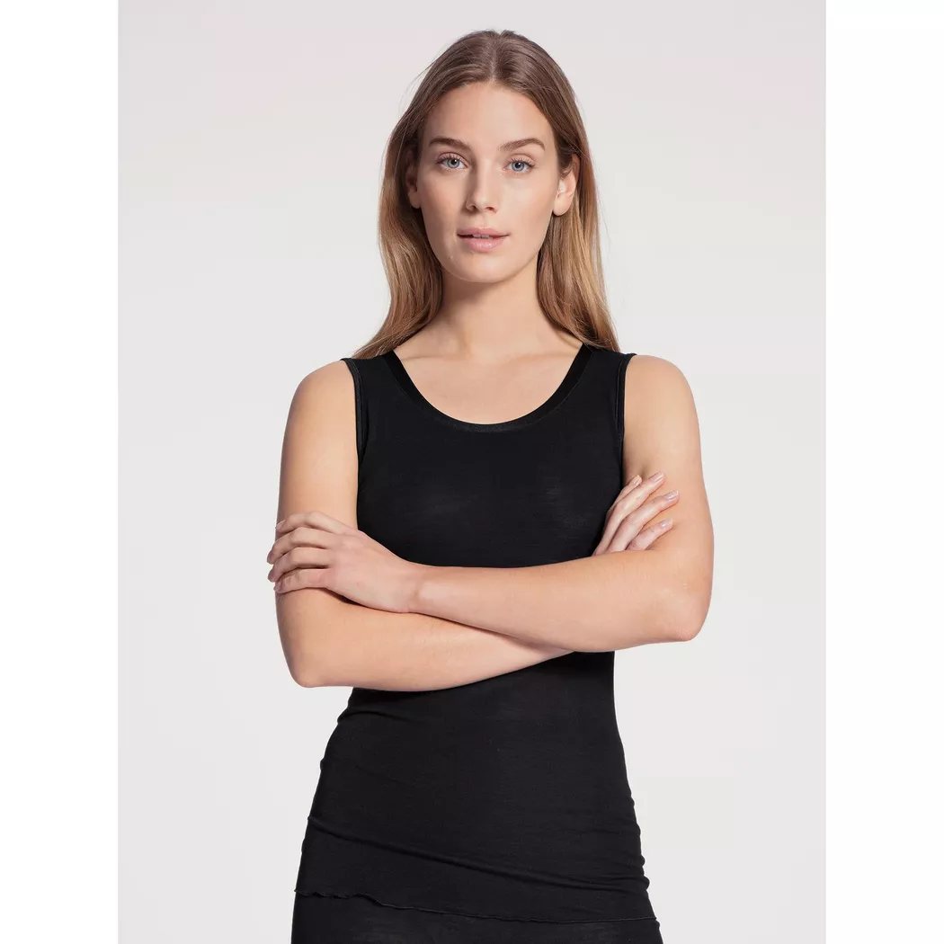 Kurzarmshirt CALIDA "True Confidence", Damen, Gr. M (44/46), schwarz, Rippware, Obermaterial: 70% Schurwolle, 30% Seide, unifarben, Basic hüftbedeckend, tiefer Rundhals, Shirts, Satinbandeinfassung, Rundhalsausschnitt, Kurzarm 2