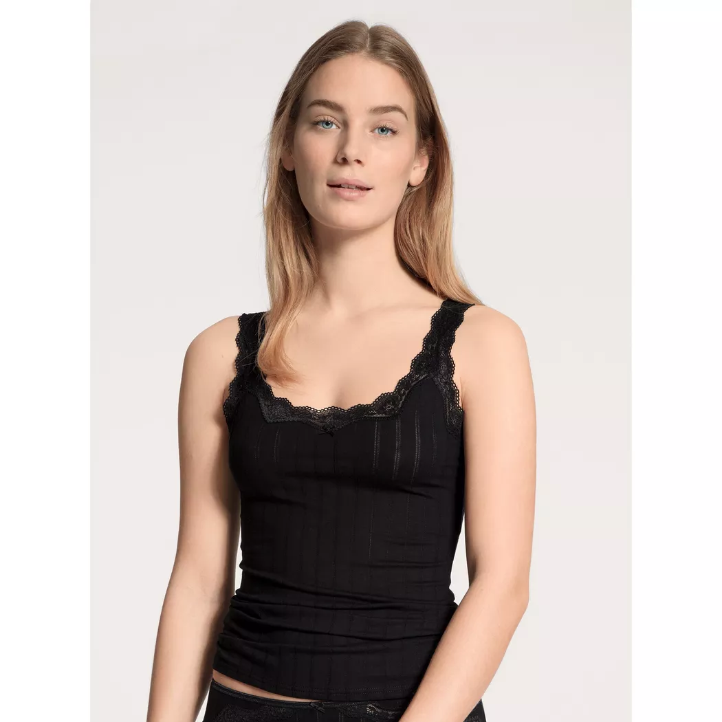 Tanktop CALIDA "Etude Toujours", Damen, Gr. XS (36/38), schwarz, Single Jersey, Obermaterial: 95% Baumwolle, 5% Elasthan, unifarben, figurbetont hüftbedeckend, tiefer V-Ausschnitt, Tops Tanktop, zarte Spitze, Nadelstreifen-Design, Cotton-Mix, elastisch