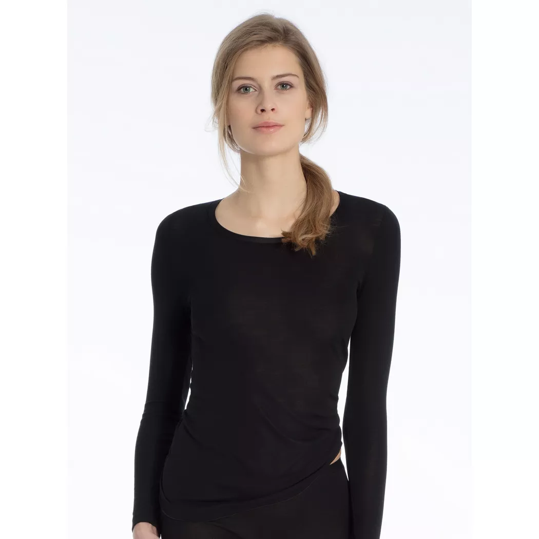 Langarmshirt CALIDA "True Confidence", Damen, Gr. S (40/42), schwarz, Rippware, Obermaterial: 70% Schurwolle, 30% Seide, unifarben, Basic hüftbedeckend, Rundhals, Shirts Langarmshirt, Rundhals, Feinripp, atmungsaktiv, Wellensaum