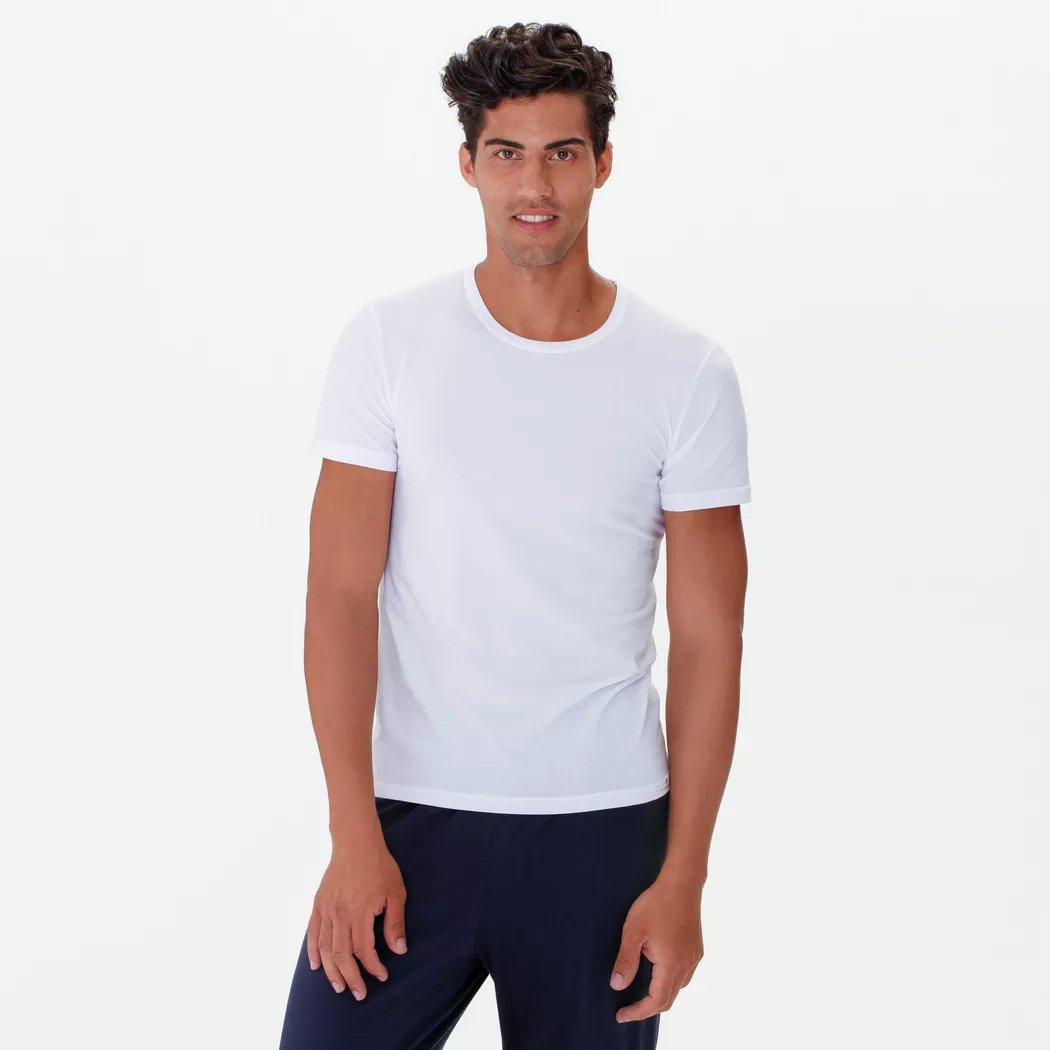 Rundhalsshirt CALIDA "Evolution", Herren, Gr. XL (56), weiß, Single Jersey, Obermaterial: 94% Baumwolle, 6% Elasthan, unifarben, Basic, figurbetont hüftbedeckend, Rundhals, Shirts Unterhemd, schmale Passform, Kurzarm, weich, Single Jersey, elastisch